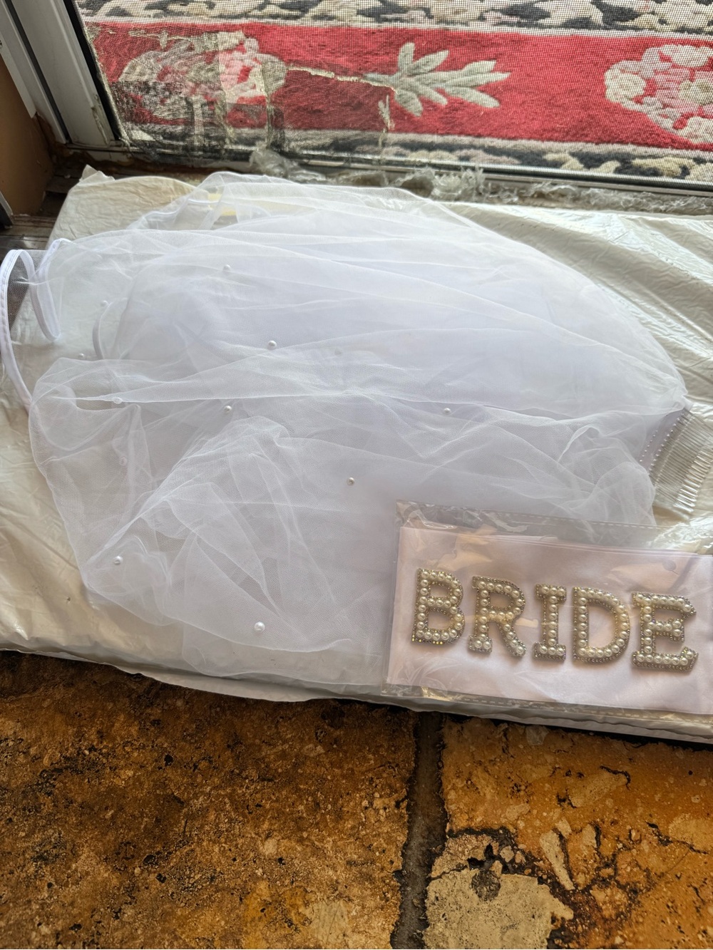 Bride Pearl Accent White Veil and Sash Set